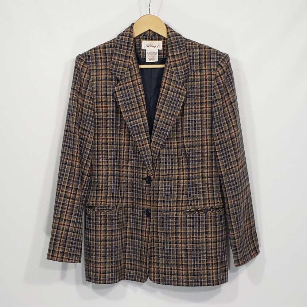 Vintage Worthington  Tan Blue Plaid Wool Blend Blazer   Womens 10  Work Career